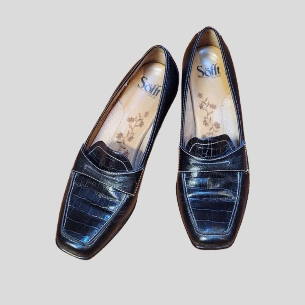 Sofft Black, Crocodile Embossed Leather, Loafer Pumps | Size 10